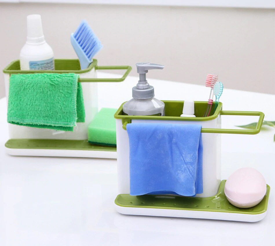 3-in-1 Soap Pump Dispenser With Sponge Holder Liquid Dispenser Container Hand Press Soap Organizer Kitchen Cleaner Tools hot with Self Draining Sink Tidy Organizer Brush Sponge Cleaning Cloth Holder buy online in Pakistan
