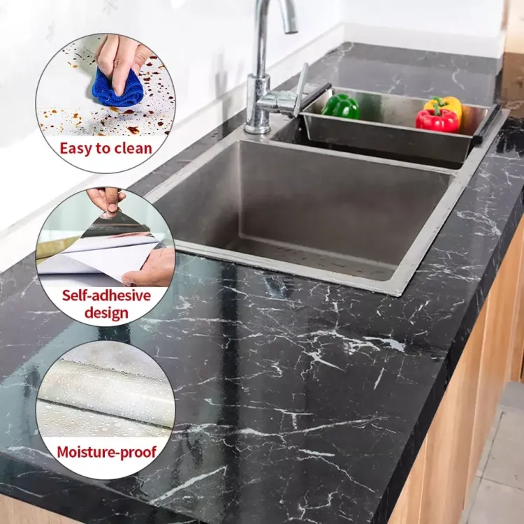 Black / white Marble Shade Self Adhesive Roll Sheet Sticker For Kitchen, Cupboard, Wall – Anti Oil And Heat Resistant Wallpaper