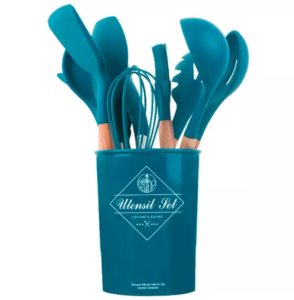 12 pcs set Wooden Handle Silicone Kitchen Utensils With Storage Bucket High Temperature Resistant And Non Stick Pot Spatula Spoon( random color ) buy online in Pakistan