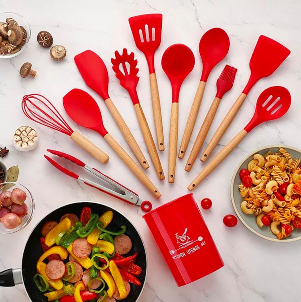 12 Pcs Silicone Cooking Utensils Kitchen Utensil Set | Heat Resistant Kitchen Non toxic Spatula Set with Turner Tongs,Spoon,Brush,Whisk-Wooden Handle - Random Color buy online in Pakistan