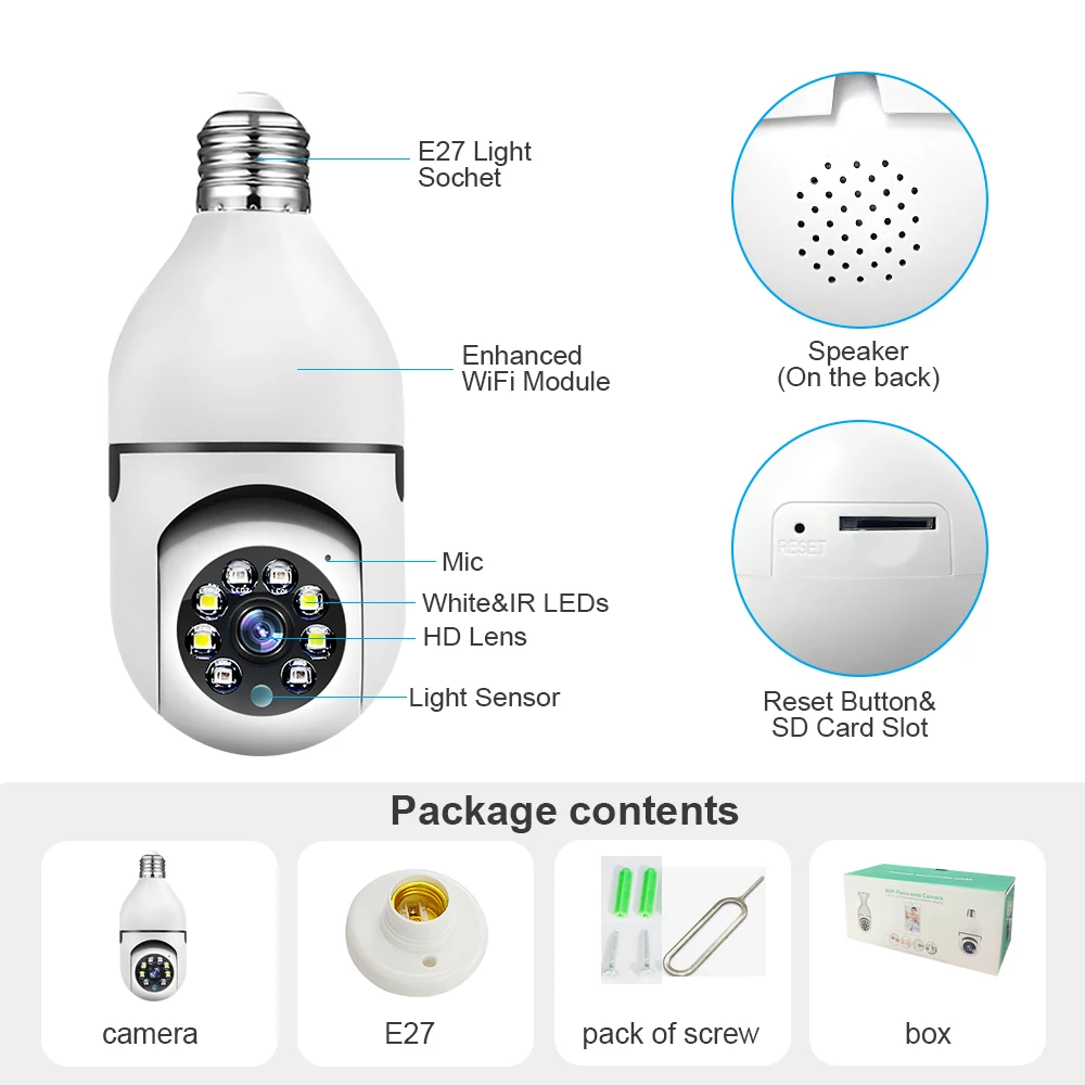 Speed-X Bulb Camera 1080p Wifi 360 Degree Panoramic Night Vision Two-Way Audio Motion Detection thumbnail 4