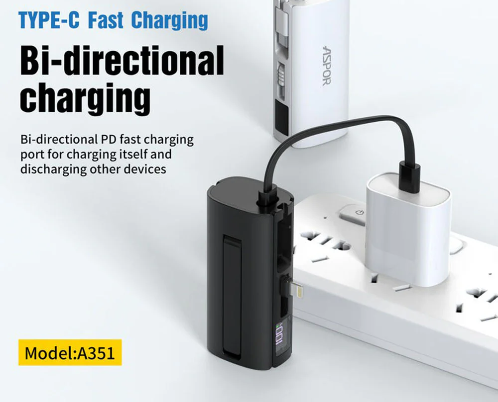 Aspor A351 2in1 Iphone & Type-C Flexible Portable Mini 5000mah Power Bank buy online in Pakistan