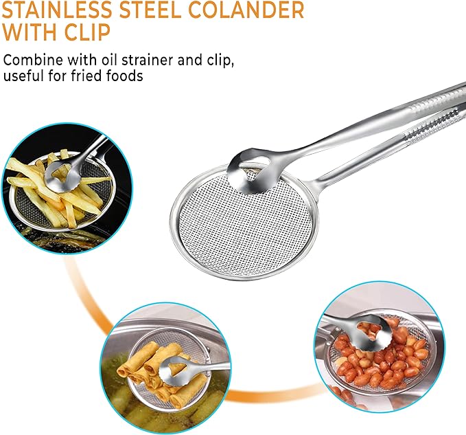 2 IN 1 FRYING TONG | Imported Small Multi-functional 2 in 1 Fry Tool Filter Spoon Strainer With Clip, Oil Frying BBQ Filter Stainless Steel Mesh buy online in Pakistan