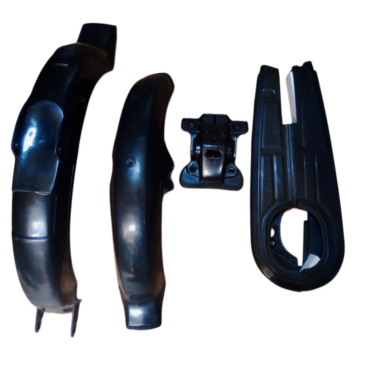 (Pack of 4) Unbreakable Plastic mudguards set plus chain cover and back light stand  for all 70cc bikes buy online in Pakistan