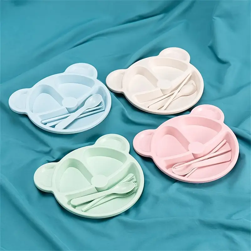 5 Pcs Bear Plate Set - Cartoon compartment dinner plate | Includes Divided Plate, Fork & Spoon, Perfect For Toddlers & Preschoolers (Random color) buy online in Pakistan