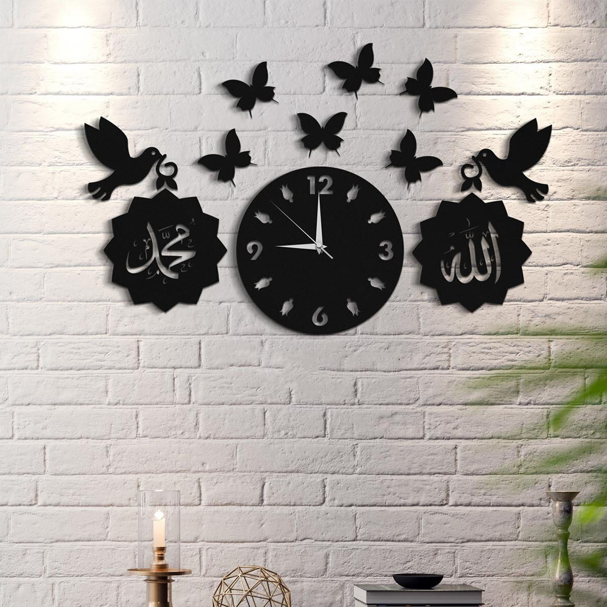 Allah Muhammad with beautiful butterfly  Wooden Wall Clock Islamic 3D Style Wooden Wall Clock with light buy online in Pakistan