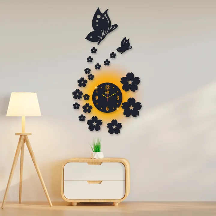 3d wall clock | Wall Clock With Wooden Butterflies  , Flowers  with light buy online in Pakistan