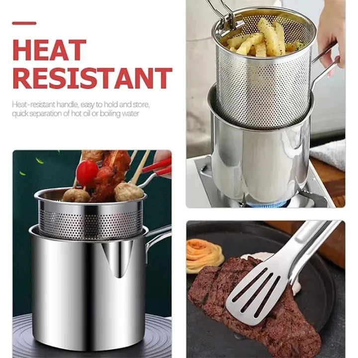 Stainless Steel Deep Fryer Frying Pot With Strainer 12ML Capacity | Basket Deep Fryer Pot for Baking Frying Boiling Home Kitchen buy online in Pakistan