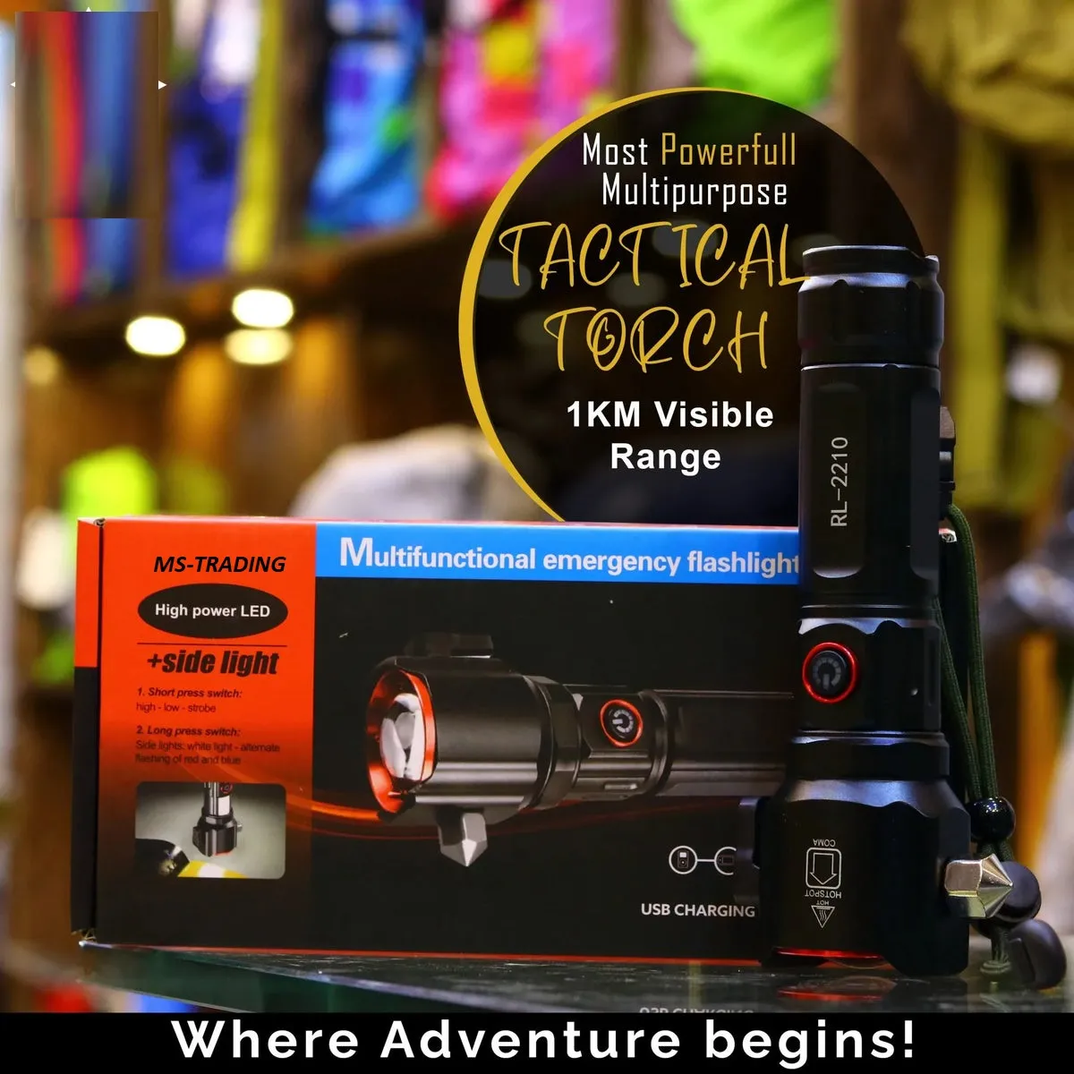 Rl-2210 Multifunctional Rechargeable LED Emergency Flashlight with Side Work Light & USB Charging – Ultra-Bright, Portable & Durable Torch for Home, Car & Outdoors