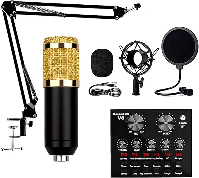 V8 Bm-800 Podcast Mic Set With Live Sound Card,Condenser Microphone With Rechargeable 12 Kinds Of Auxiliary Background For Karaoke Singing, Youtube Recording Mic buy online in Pakistan
