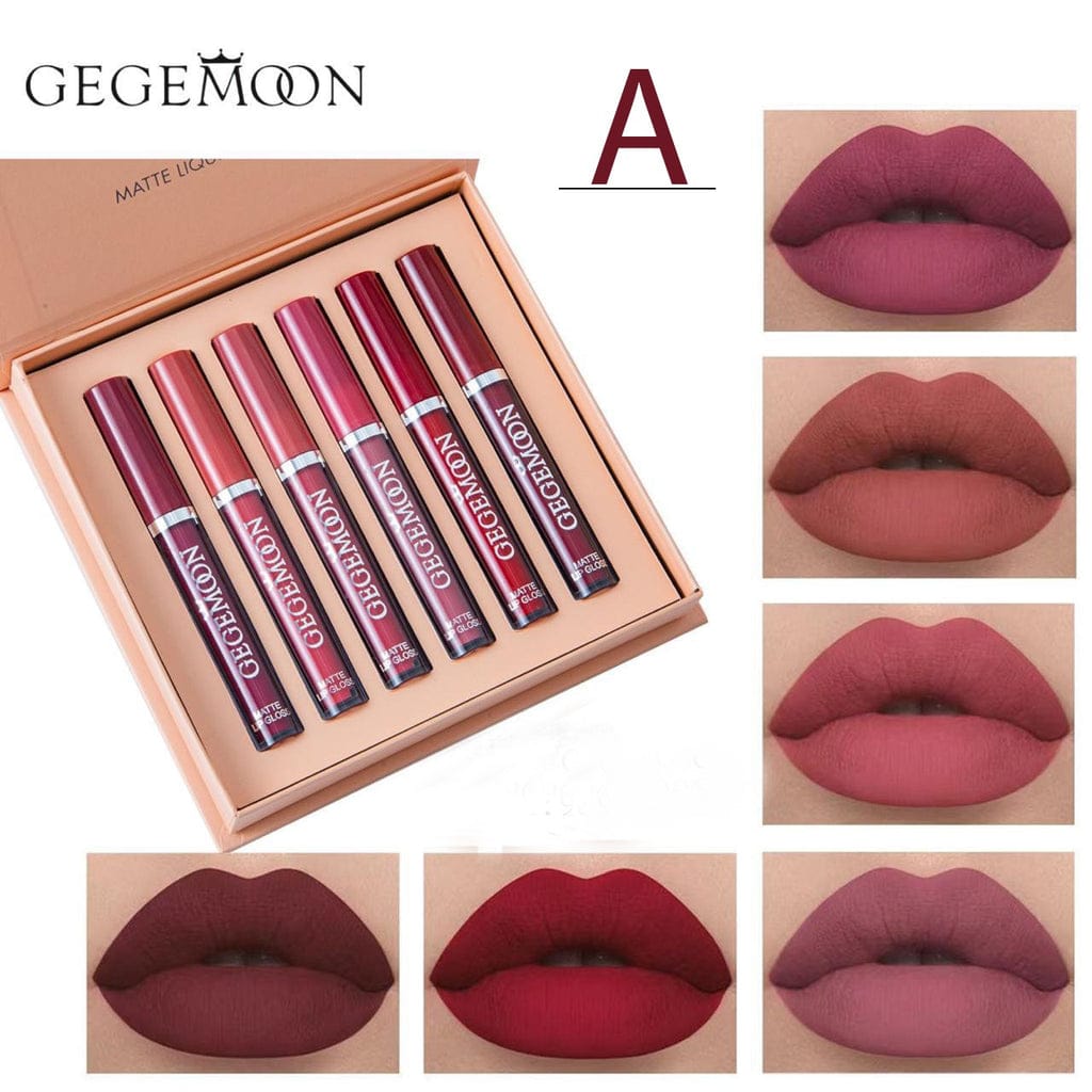 GEGEMOON 6 Colors Long Lasting Velvet Lips Tint Liquid Lipsticks Waterproof Non-Stick Cup Lip-gloss Gift Set view 5
