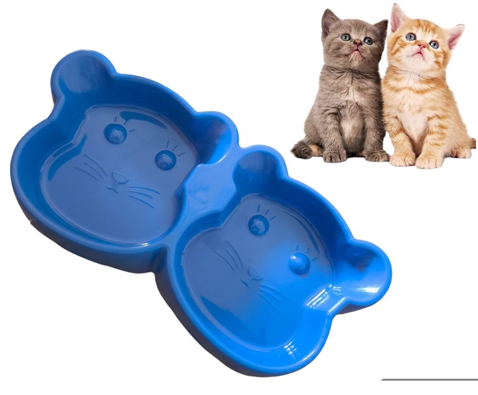 Cat Shaped Double Food Bowl for Pets – Plastic Random Color thumbnail 3