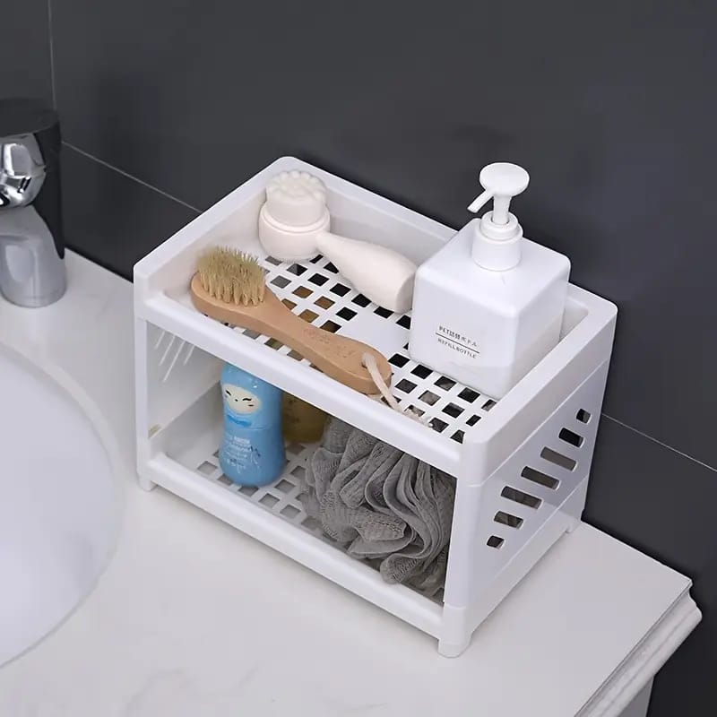 Desktop Double-Layer Plastic Storage Holder Rack Cosmetic Box Kitchen Bathroom Desk Shelf Organizer Office Supplies Stationery (Random Color) buy online in Pakistan