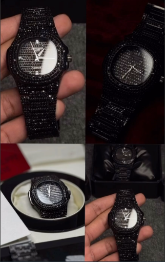 NEW Watch Collection Black Stone / Blacked Iced Out Stain-Less Steel Chain Watch For Mens Fashion (Black Without Box) view 3