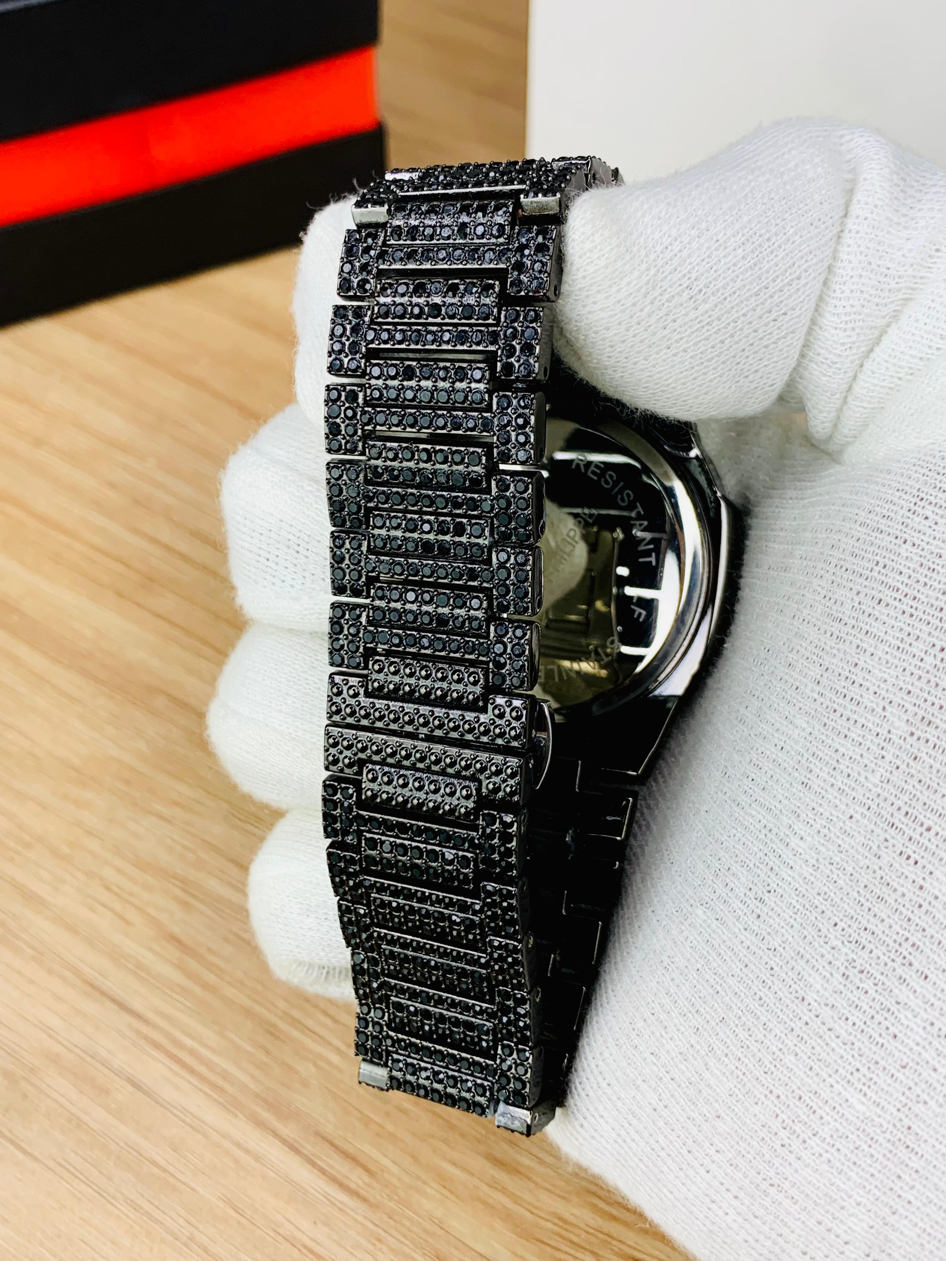 NEW Watch Collection Black Stone / Blacked Iced Out Stain-Less Steel Chain Watch For Mens Fashion (Black Without Box) view 4