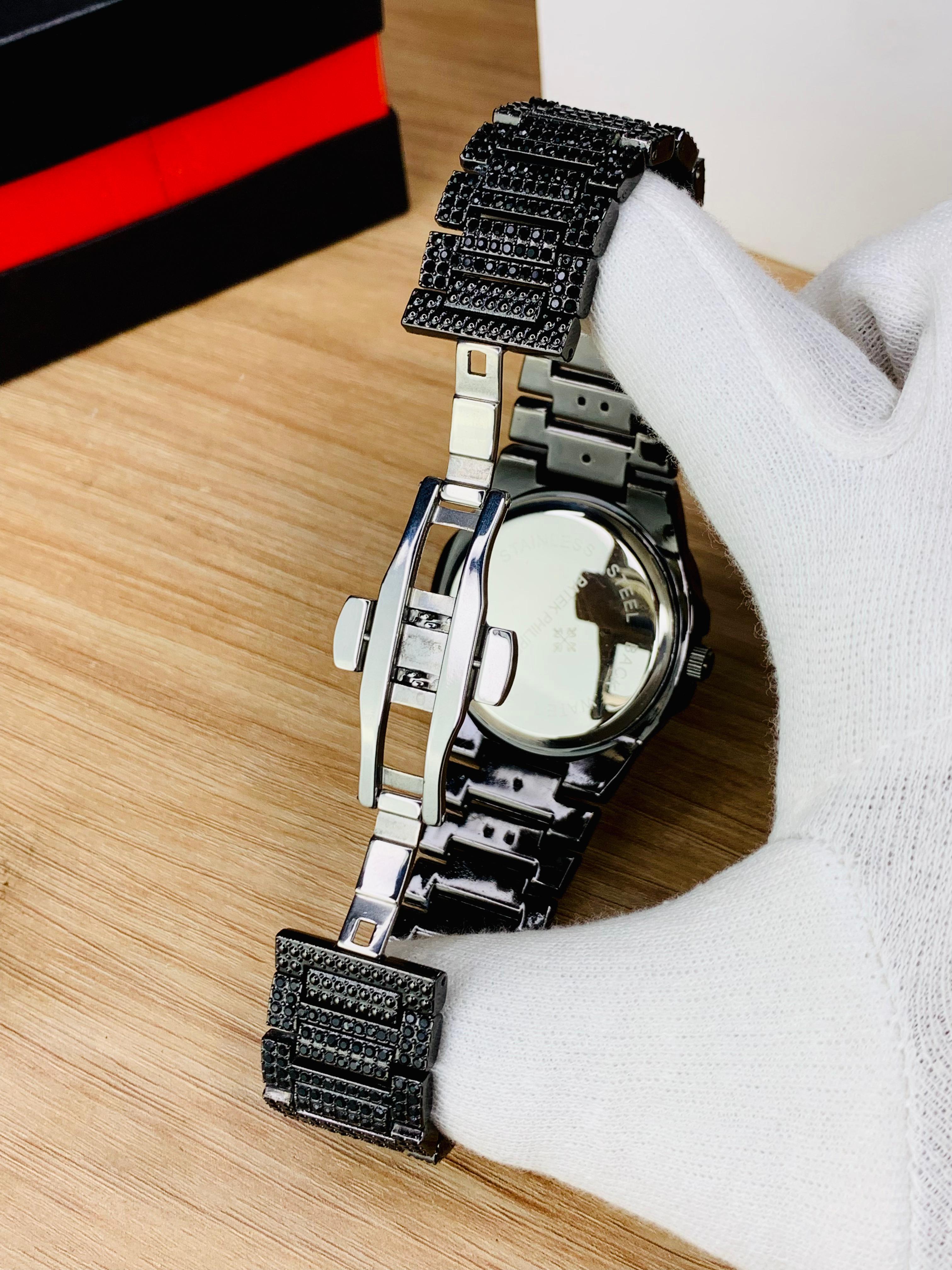NEW Watch Collection Black Stone / Blacked Iced Out Stain-Less Steel Chain Watch For Mens Fashion (Black Without Box) view 5