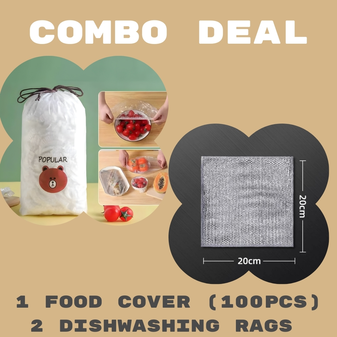 Combo Deal Disposable Food Cover Plastic Wrap 100 Pcs + 2 Pcs Dishwashing Rug | Reusable elastic food storage covers &amp; Metal Wire Dish Washing Rugs For Kitchen — Buy Online at Best Price in Pakistan on FlipcartPK