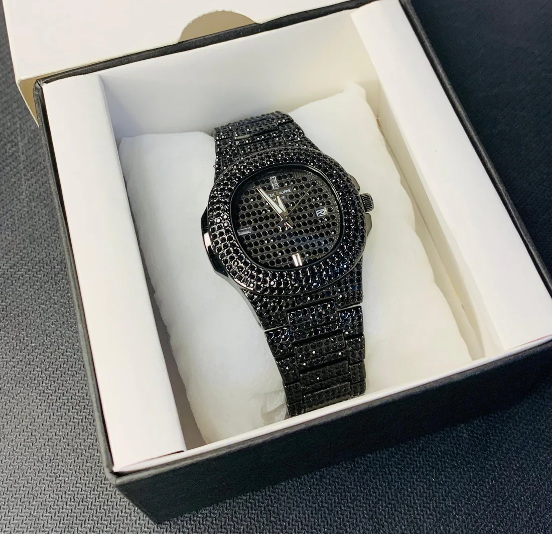 NEW Watch Collection Black Stone / Blacked Iced Out Stain-Less Steel Chain Watch For Mens Fashion (Black Without Box) view 2