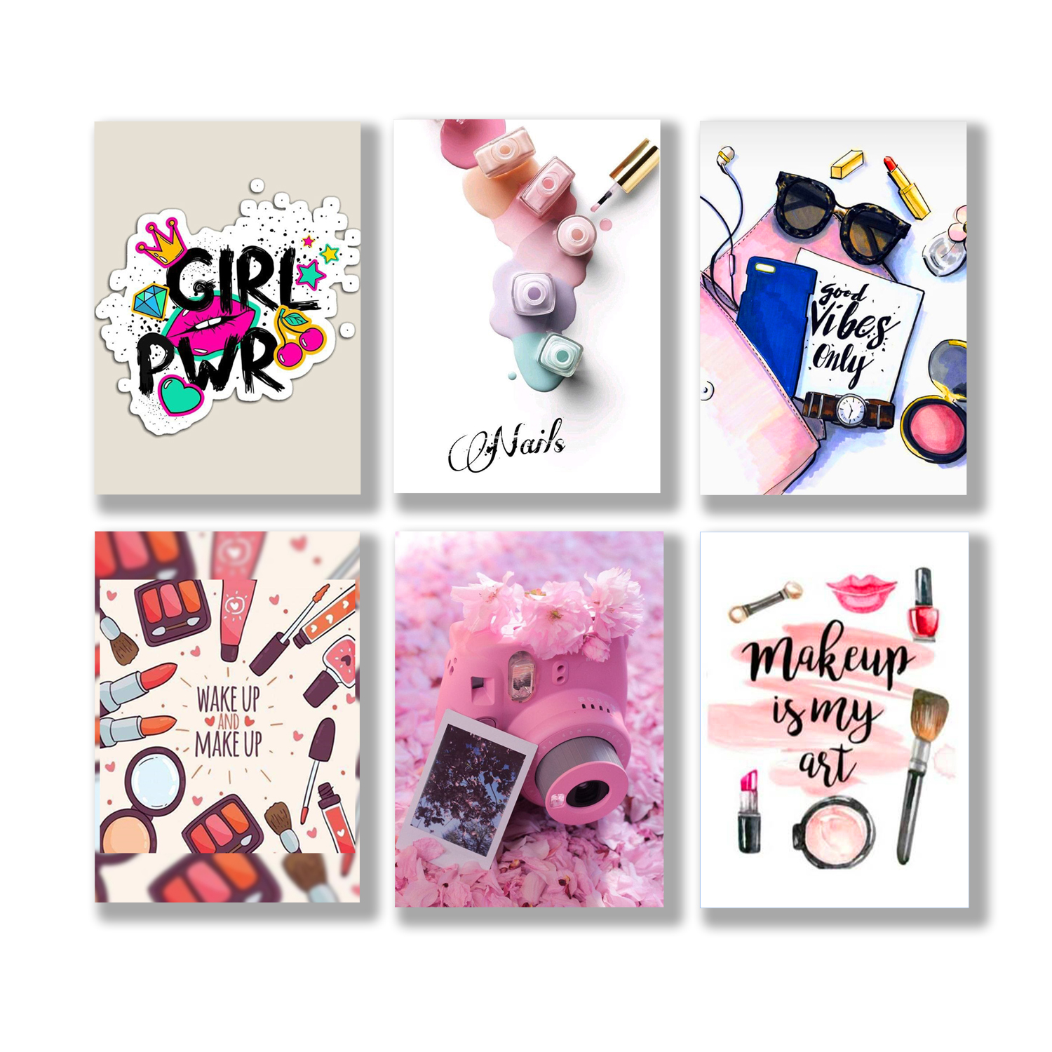 set of 6 make up themed girls room decore wall art wooden sticky Phototile frames buy online in Pakistan