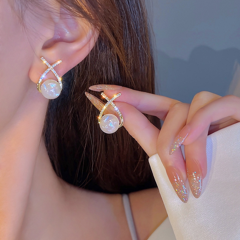 Elegant Golden Cross Pearl Zircon Earings Pearl Stud Earrings Women Personality Fashion Unique Design Earrings | Earring...