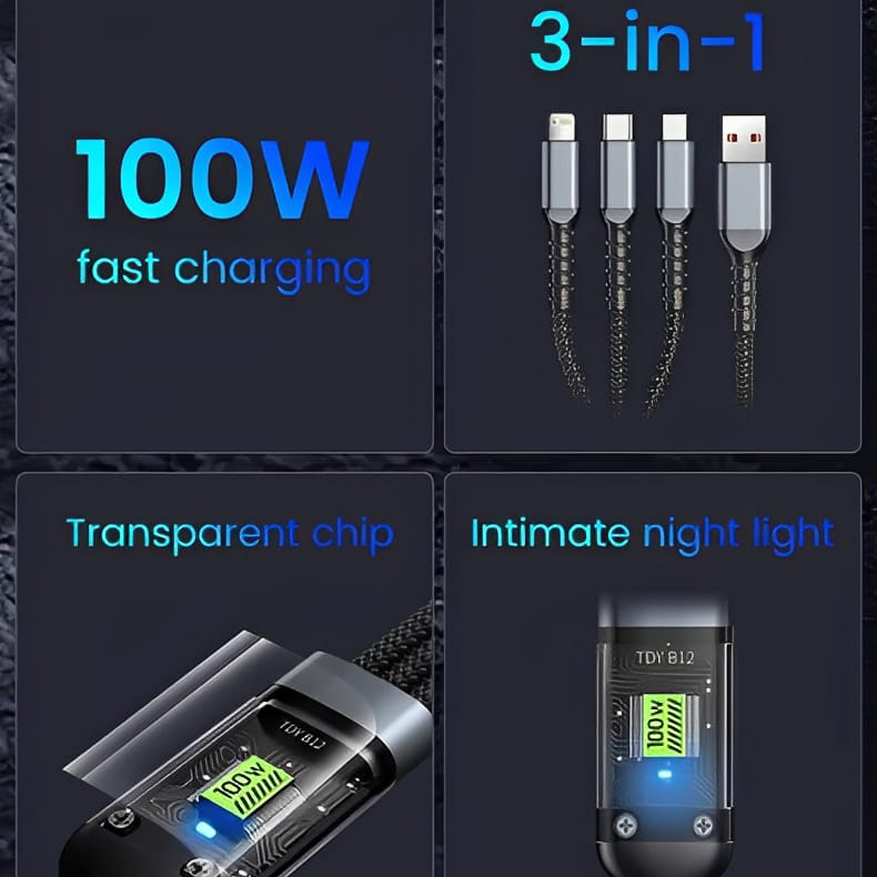 Gamen 3 in 1 Fast Charging Cable | 100W Fast Charging Cable Multi Charger Cable Nylon Braided Multiple USB Universal 3 In 1 Charging Cord Adapter With Type-C Micro BYJ ( With Box ) view 3