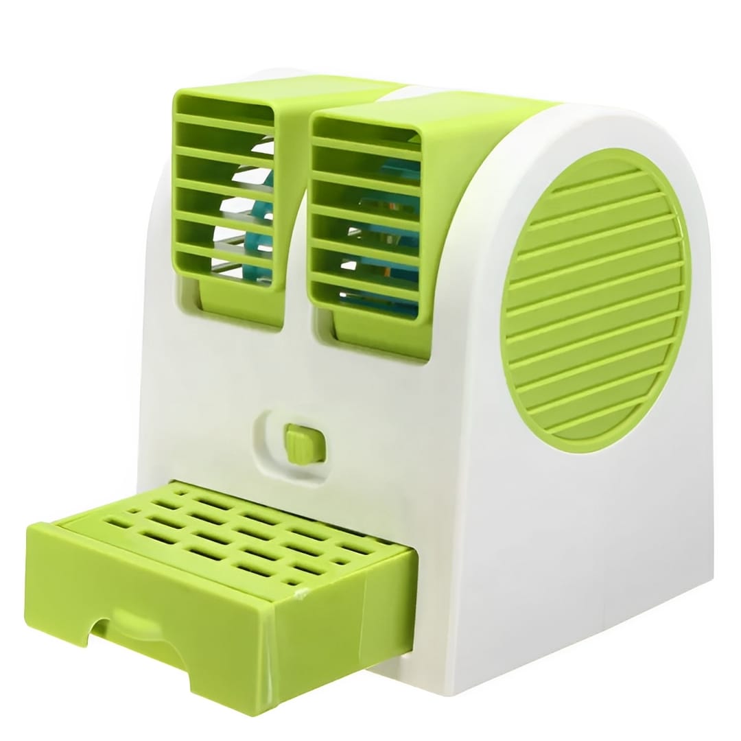 Portable Mini AC Air Cooler – USB & Battery Operated | Dual Blower with Ice Tray | Blade-less Cooling Fan for Home, Shop, Kitchen, Table & Outdoor Use buy online in Pakistan
