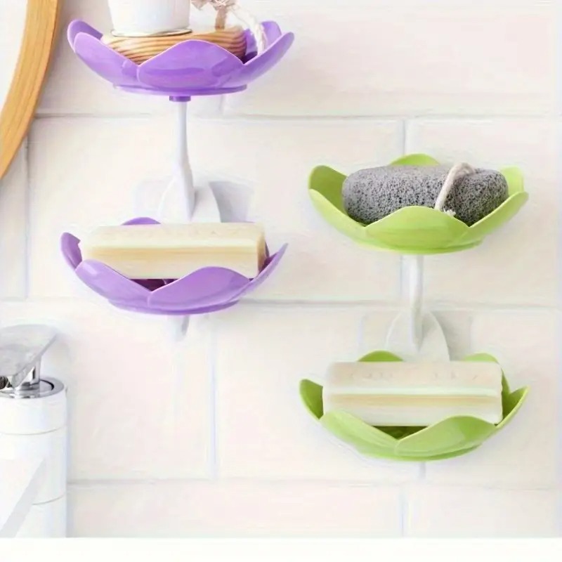 Multicolor Lotus Flower Soap Holder, Double Layer Wall-Mounted, No-Drill with Drainage, Quick-Dry Plastic Bathroom Organ...