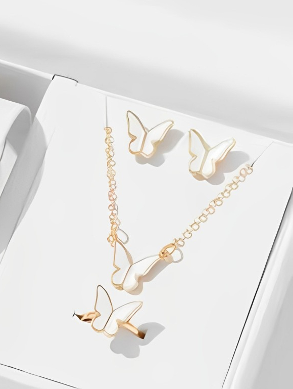 Butterfly Set, Pack Of 4 / Pendants Necklace Earrings Ring For Women Jewelry -white buy online in Pakistan
