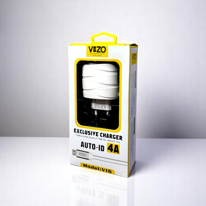 Vizo V16-Type-C – 4A Smart Fast Charger (3 USB Ports + Built-in Type-C Cable) | Best Quality Type-C Charger For Android - Mobile Phone Charger - Android Charger buy online in Pakistan