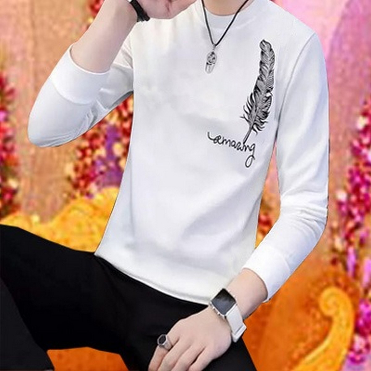 Men's Stylish Leaf Print Full Sleeves T-Shirt - Latest Designer Summer Collection | Premium Stitched Party & Casual Wear for Him - White
