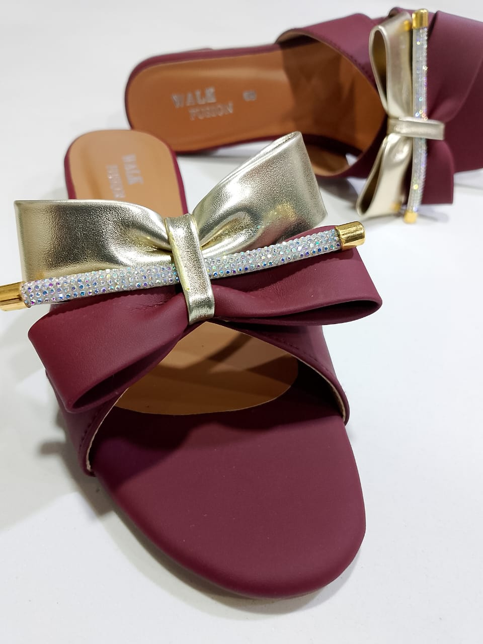 Stylish Maroon Block Heel Slip-On Slippers for Women with Golden Bow and Rhinestone Detailing – Comfortable Daily & Party Wearone perfect pair Stylish | Comfortable | Premium Quality | Slipper | Slipper For Women (With Box)