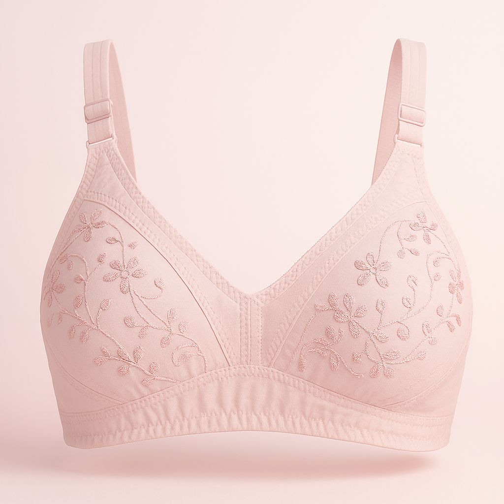 01 PCs Cotton Embroidered Chikan Bra for Women – Soft Breathable Fabric, Floral Design, Adjustable Straps, 2-Hook Closure, Daily Wear