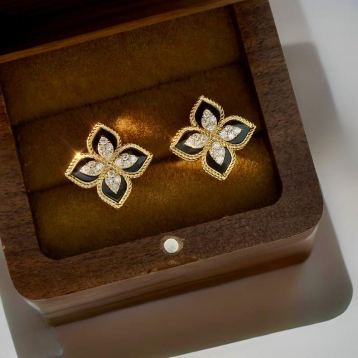 Black and Gold Floral Earrings – Sparkling Four-Leaf Studs with Cubic Zirconia (PJT-991) buy online in Pakistan