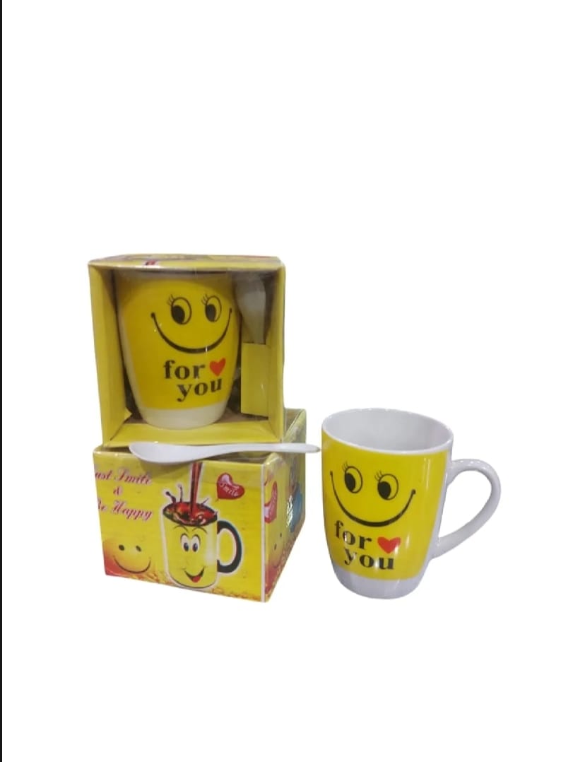 Smart and Cute Emoji Ceramic Smiley Cup with Spoon – Stylish Tea and Coffee Mug, Perfect Gift for Birthday, Celebration, and Decoration (Random Designs) buy online in Pakistan
