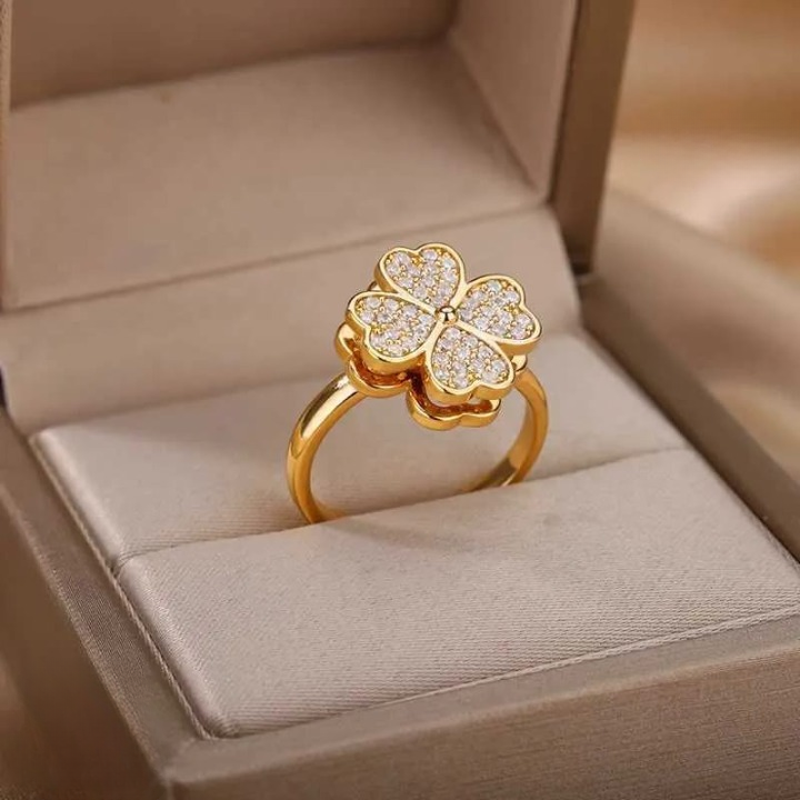 Clover Zircon Rotating Ring – Silver & Golden, Adjustable Spinner Ring for Women (PWJ-111)
