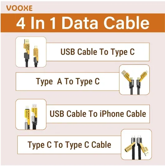 4 in 1 Data Cable Pack of 2 – USB-C & Lightning Connectors, Braided Durable Design, Fast Charging & Data Transfer, Black with Yellow Connectors buy online in Pakistan