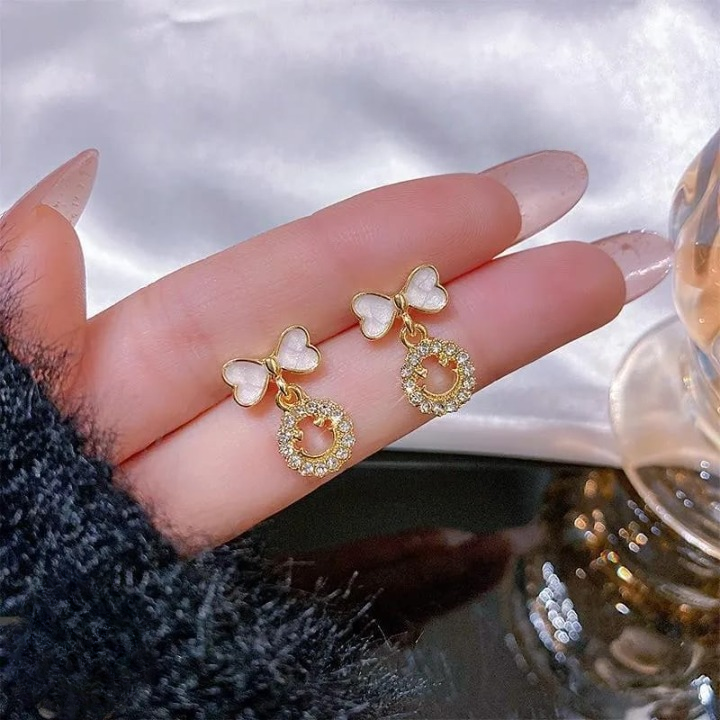 PXT-988 Smiley Face Zircon Korean Earrings – Elegant Bow & Crystal Circle Design - Available In Goden And Silver Color