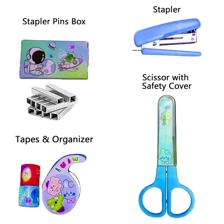 Space-Themed Stationery Set for Students and Office Use – 6-Piece Desk Organizer Kit with Stapler, Staple Pins, Scissors...