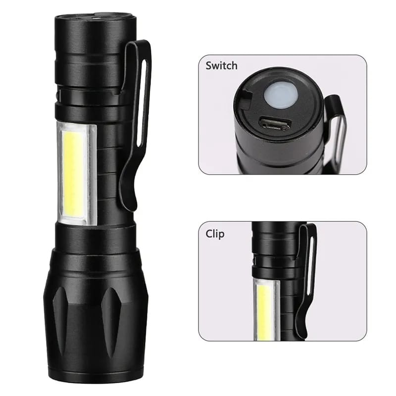 Mini Rechargeable LED Flashlight – Waterproof Torch with USB Fast Charging & Side Lamp (Metal Body) buy online in Pakistan