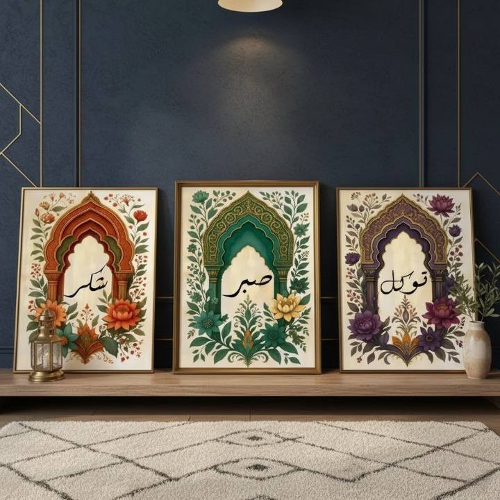 Tawakkul | Sabar | Shukar Wooden Sticky Wall Art – 3 Piece Islamic Motivational Frame Set, 8x11 inch Each with Easy Sticky Tape Installation buy online in Pakistan