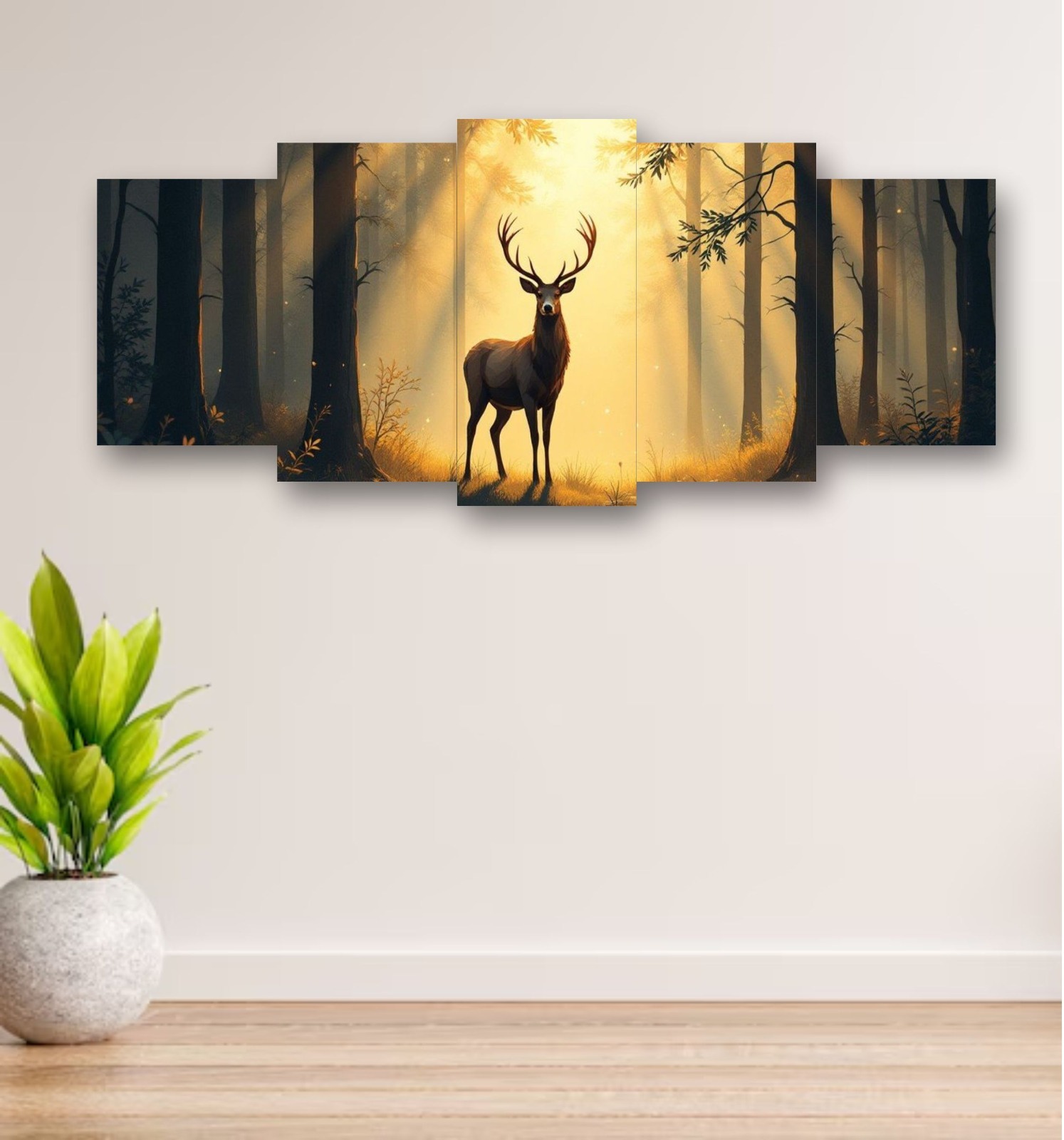 5-Piece Wooden Wall Frame – Deer in Forest Sunset Design | 16x40 Inch with Sticky Tiles buy online in Pakistan