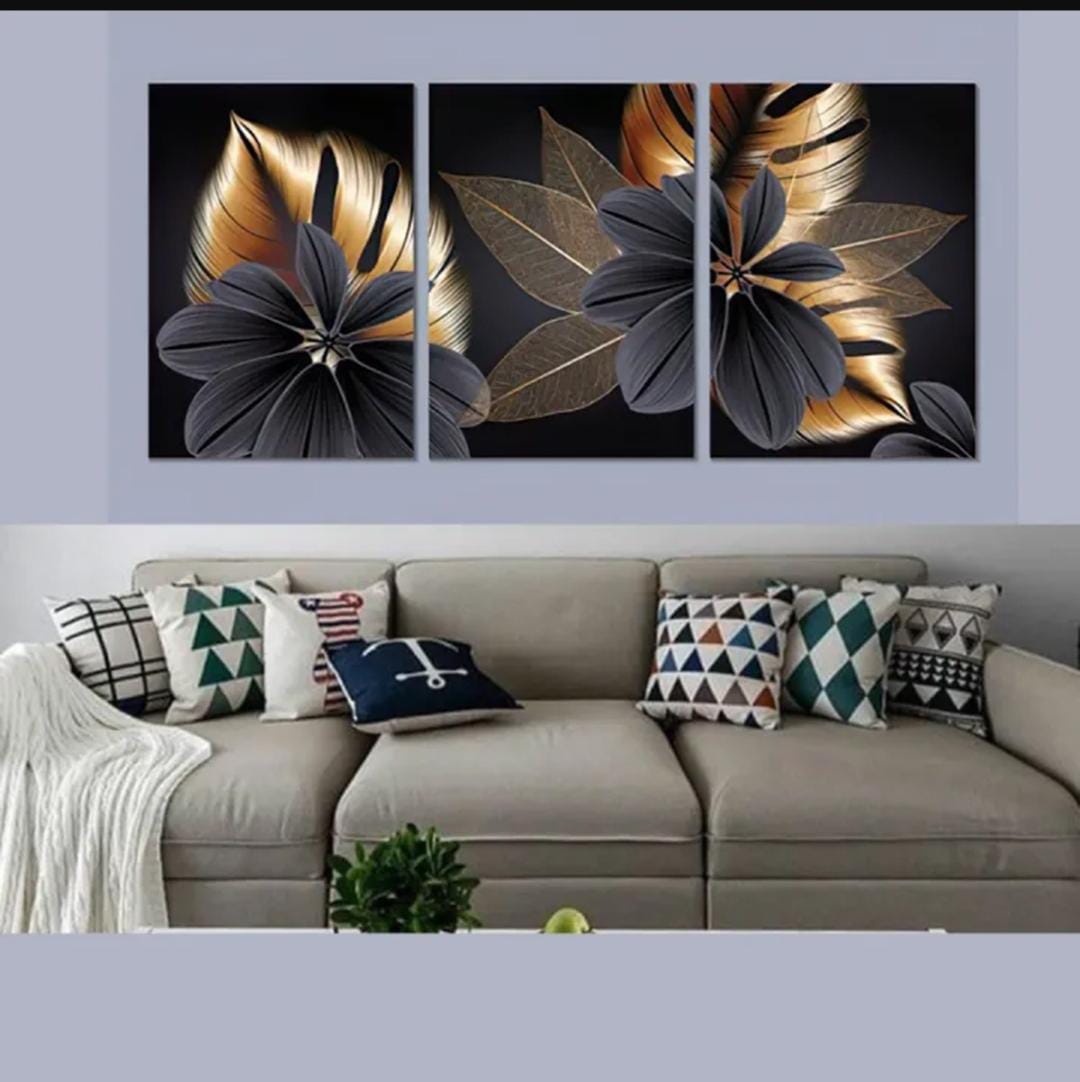Luxury Floral Wall Art Set – 3 Wooden Frames (8x11”) with Elegant Black & Gold Botanical Design | Easy Wall Mounting with Double Tape buy online in Pakistan