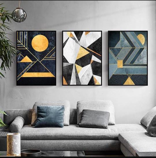 Modern Abstract Wall Art Set – 3 Wooden Frames (8x11”) with Geometric Gold & Black Designs | Easy Wall Mounting with Double Tape buy online in Pakistan