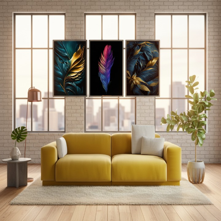 3-Piece Feather Design Wall Art Frames – Modern Decorative Wall Hanging Set, 8x11 Inches Each with Double Tape for Easy Installation buy online in Pakistan