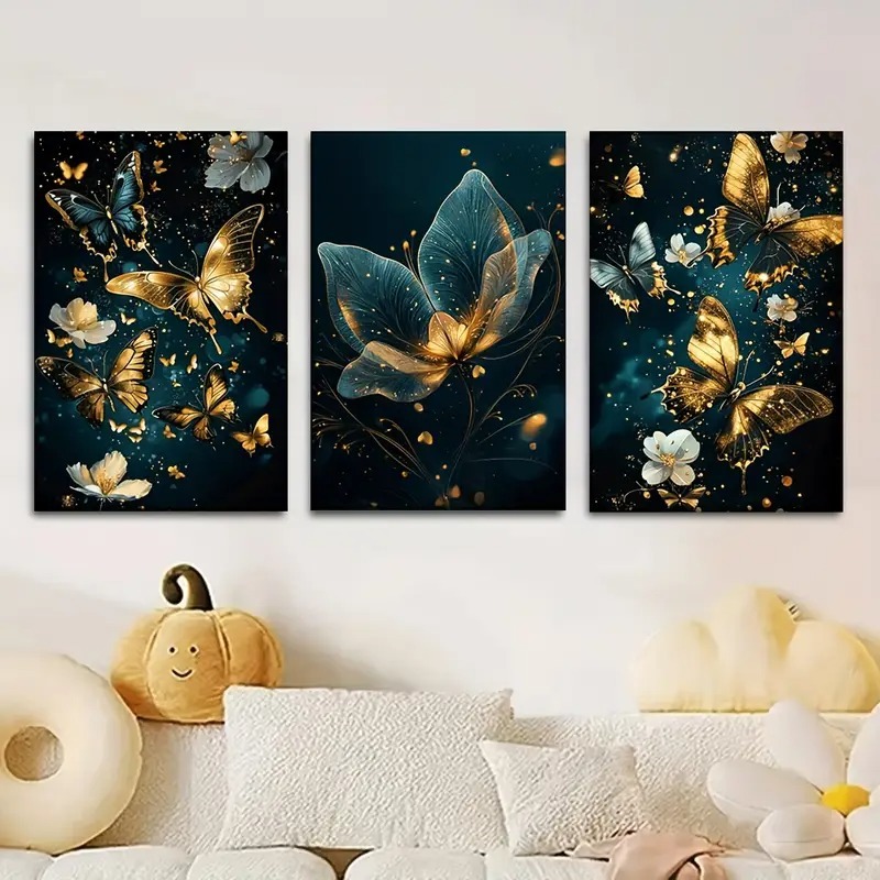 3 Pcs Butterfly Wall Art Frame Set – Elegant Golden Butterfly And Floral Design With Wooden Sticky Tile – 8x11 Inches With Double Tape buy online in Pakistan