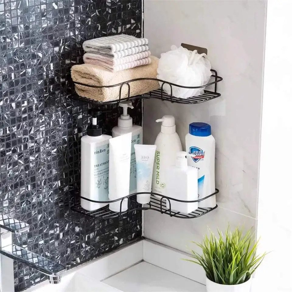 Metal Corner Rack For Bathroom &amp; Kitchen | Bathroom Metal Shelf Organizer | Storage Rack Corner Frame Shampoo Storage Holder | Wall Mount Bathroom Accessories (With Hook)