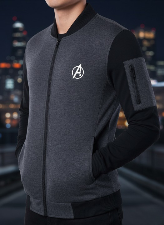 New Winter Collection Charcoal Grey Avenger Printed Zipper Jacket for Men & Boys – Premium French Fleece, Stylish, Comfortable & Durable Winter Wear