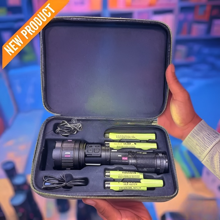 2KM Powerful Zooming Flashligh with 8 lithum cell pure steel waterproof body With Side Work Light & Usb Charging – Ultra-bright Type c charging port