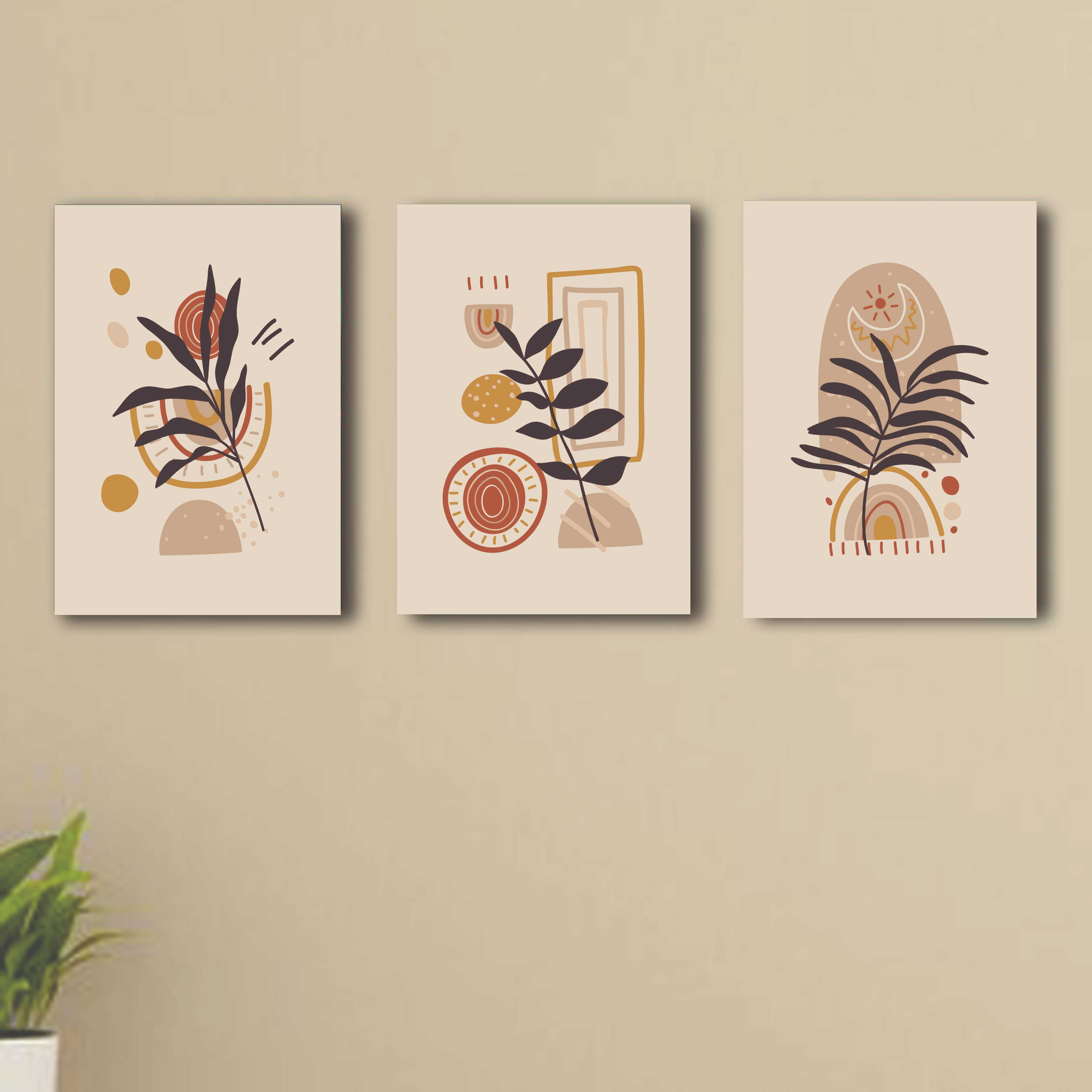 Set of 3 wooden canvas sticky frames , Sticky phototiles, boho art, boho wall art frames, botanical boho art frame, boho design buy online in Pakistan