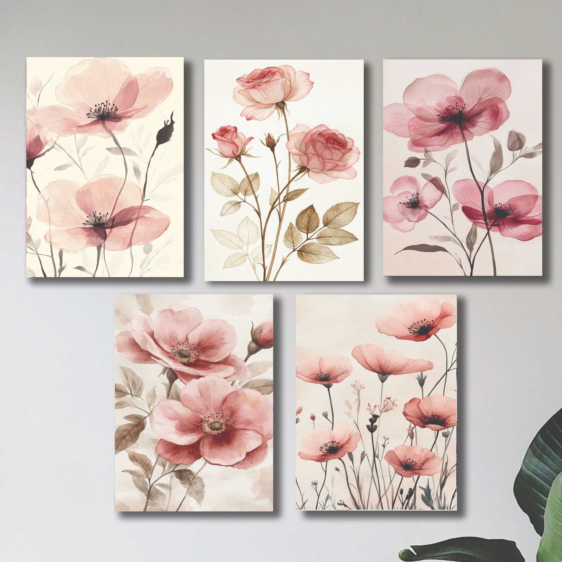 set of 5 pink flowers floral wall art wooden sticky frames for girls room home decoration / sticky phototiles buy online in Pakistan